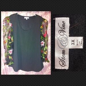 Stem Vine Blk/Multiclr Knit Top w/Embroidered Floral Statement Slvs 3X(20/22/24)